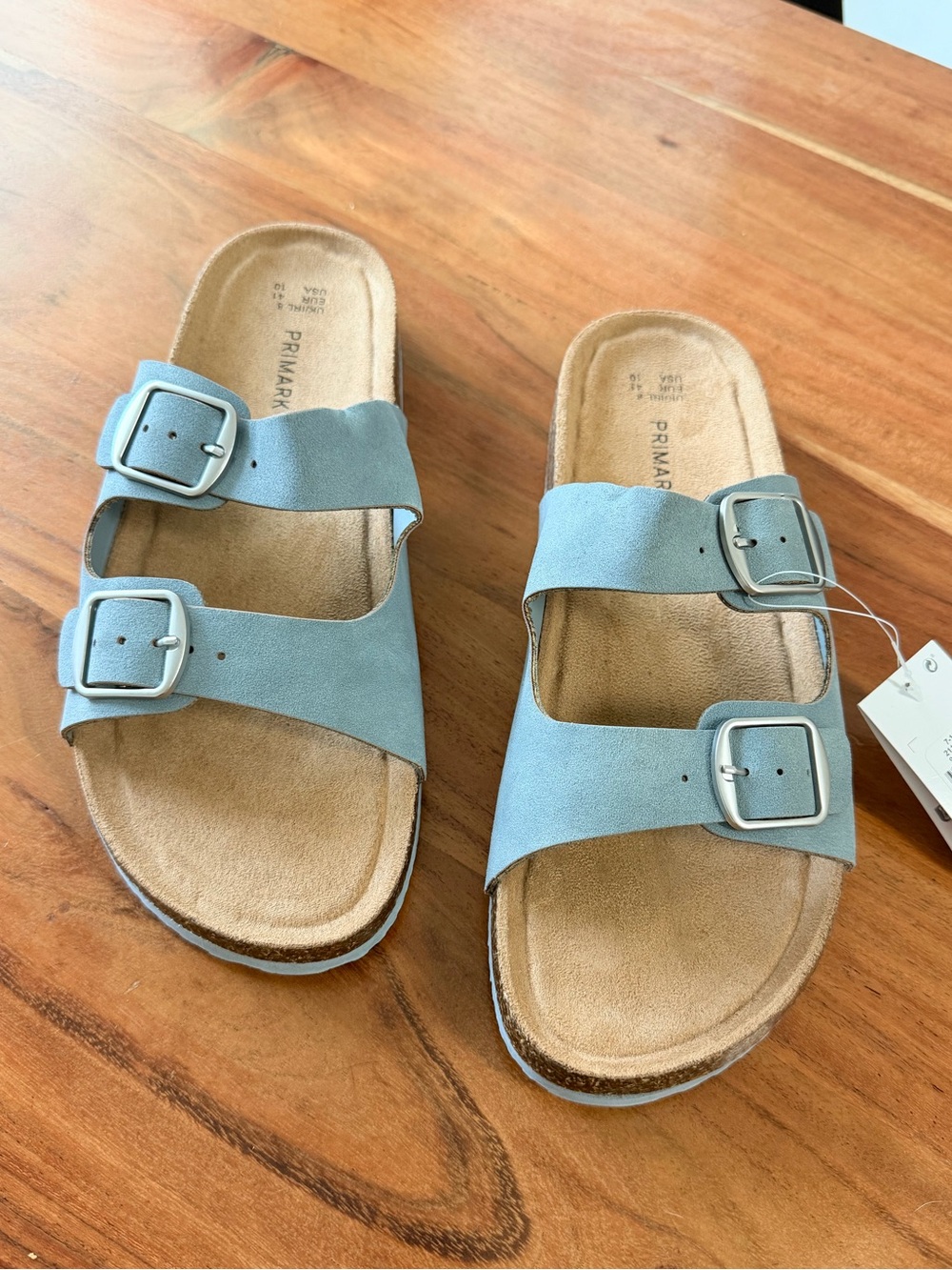 Primark Light Blue Double Buckle Slide Sandals comfortable cork footbed size 10
